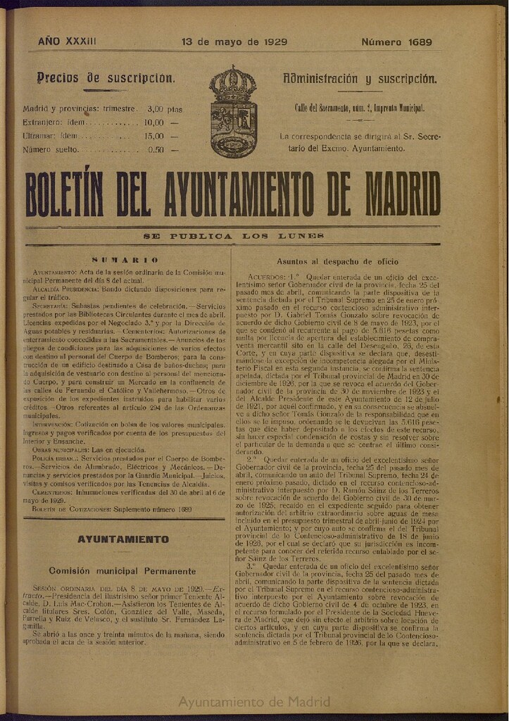 Miniatura de Boletín Oficial del Ayuntamiento de Madrid del 13 de mayo de 1929, nº 1689