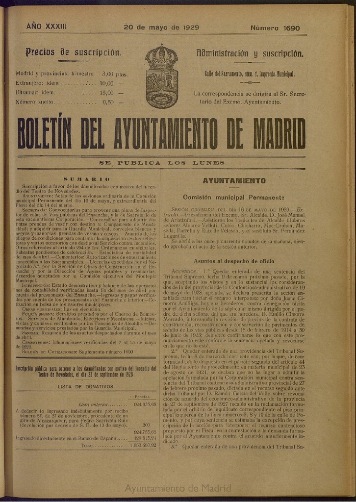 Miniatura de Boletín Oficial del Ayuntamiento de Madrid del 20 de mayo de 1929, nº 1690