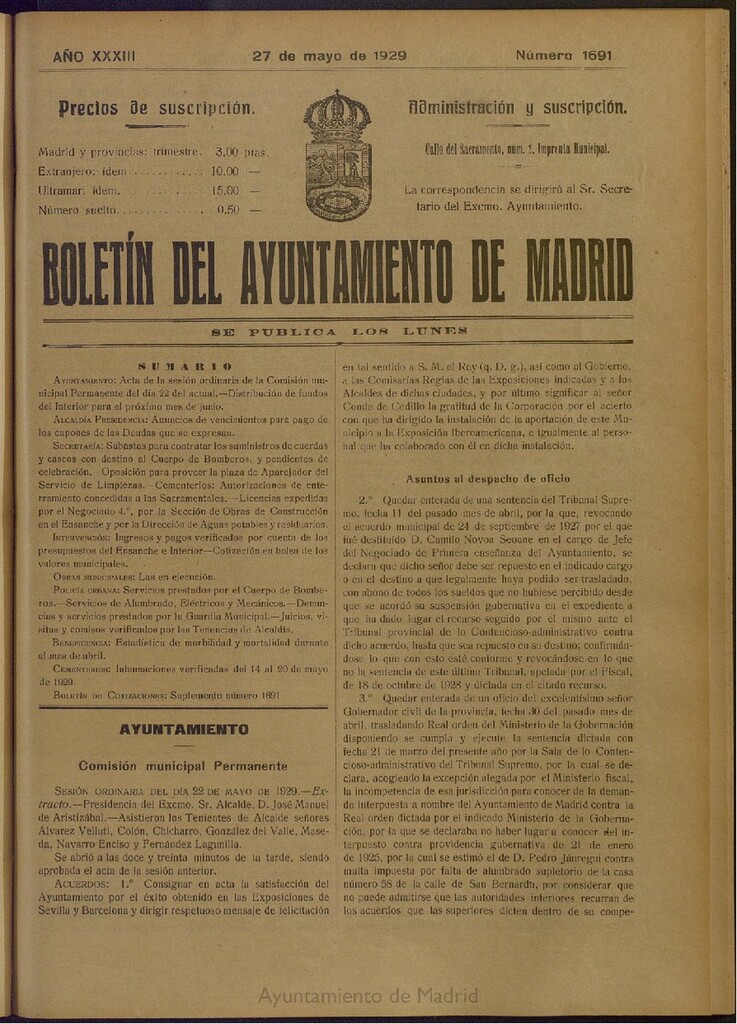 Miniatura de Boletín Oficial del Ayuntamiento de Madrid del 27 de mayo de 1929, nº 1691