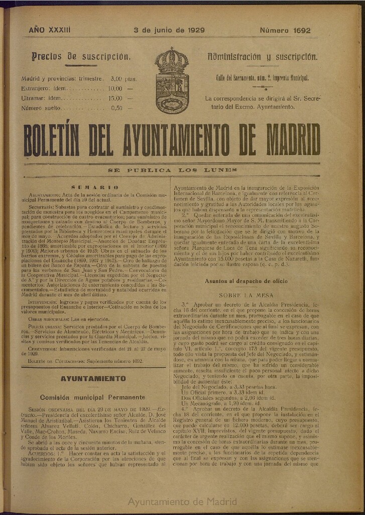 Miniatura de Boletín Oficial del Ayuntamiento de Madrid del 3 de junio de 1929, nº 1692
