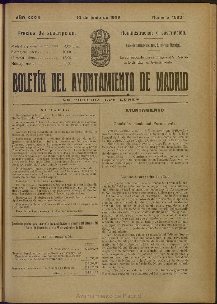 Miniatura de Boletín Oficial del Ayuntamiento de Madrid del 10 de junio de 1929, nº 1693