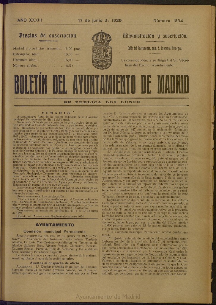 Miniatura de Boletín Oficial del Ayuntamiento de Madrid del 17 de junio de 1929, nº 1694