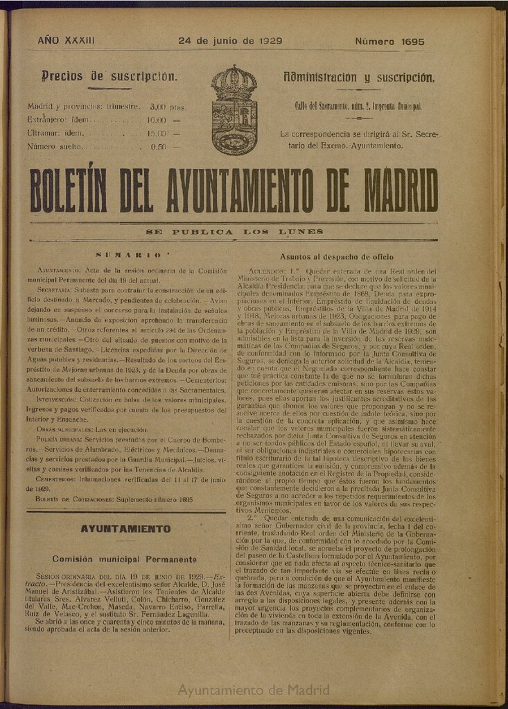 Miniatura de Boletín Oficial del Ayuntamiento de Madrid del 24 de junio de 1929, nº 1695