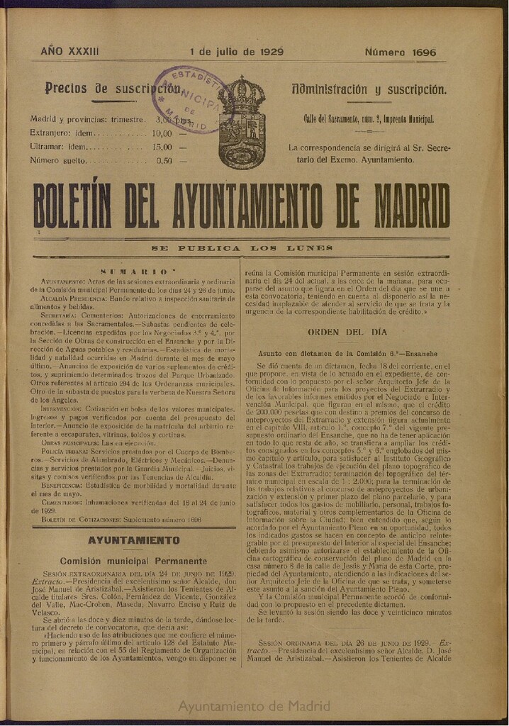 Miniatura de Boletín Oficial del Ayuntamiento de Madrid del 1 de julio de 1929, nº 1696