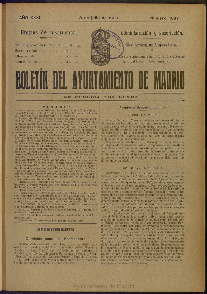 Miniatura de Boletín Oficial del Ayuntamiento de Madrid del 8 de julio de 1929, nº 1697
