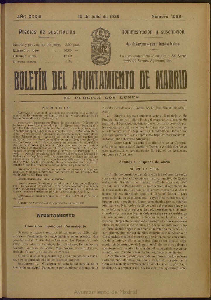 Miniatura de Boletín Oficial del Ayuntamiento de Madrid del 15 de julio de 1929, nº 1698