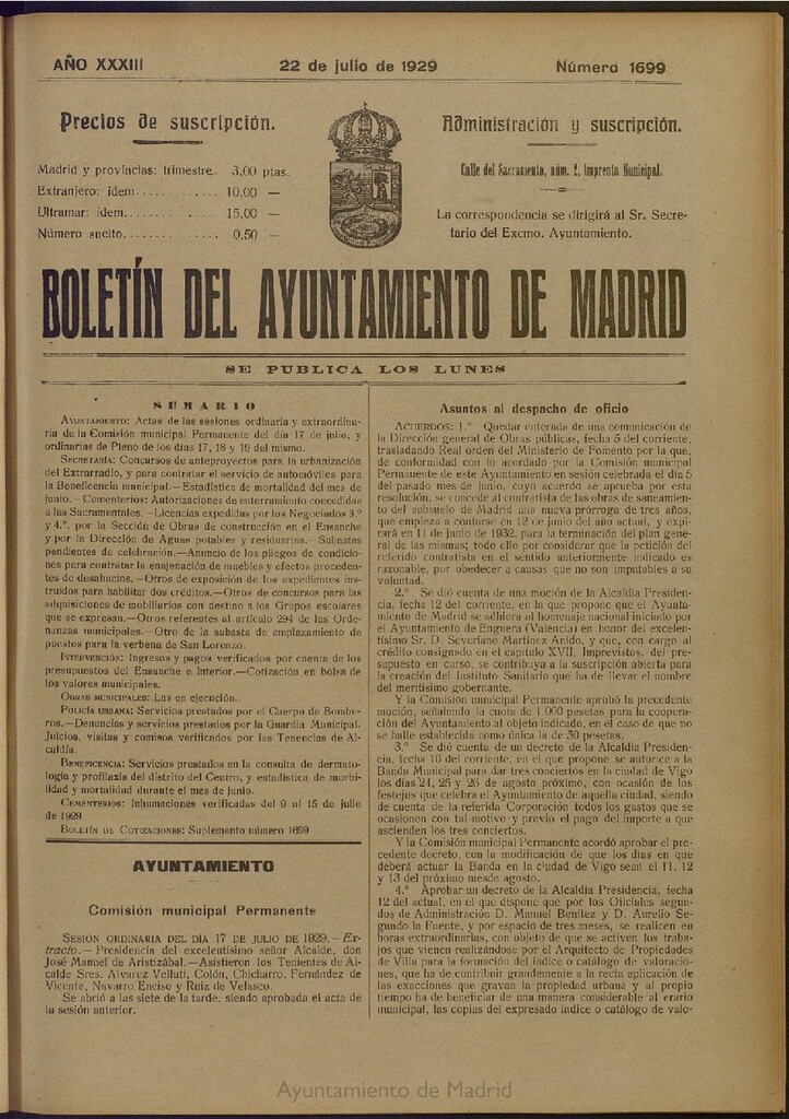Miniatura de Boletín Oficial del Ayuntamiento de Madrid del 22 de julio de 1929, nº 1699