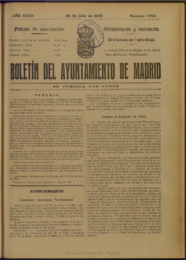 Miniatura de Boletín Oficial del Ayuntamiento de Madrid del 29 de julio de 1929, nº 1700