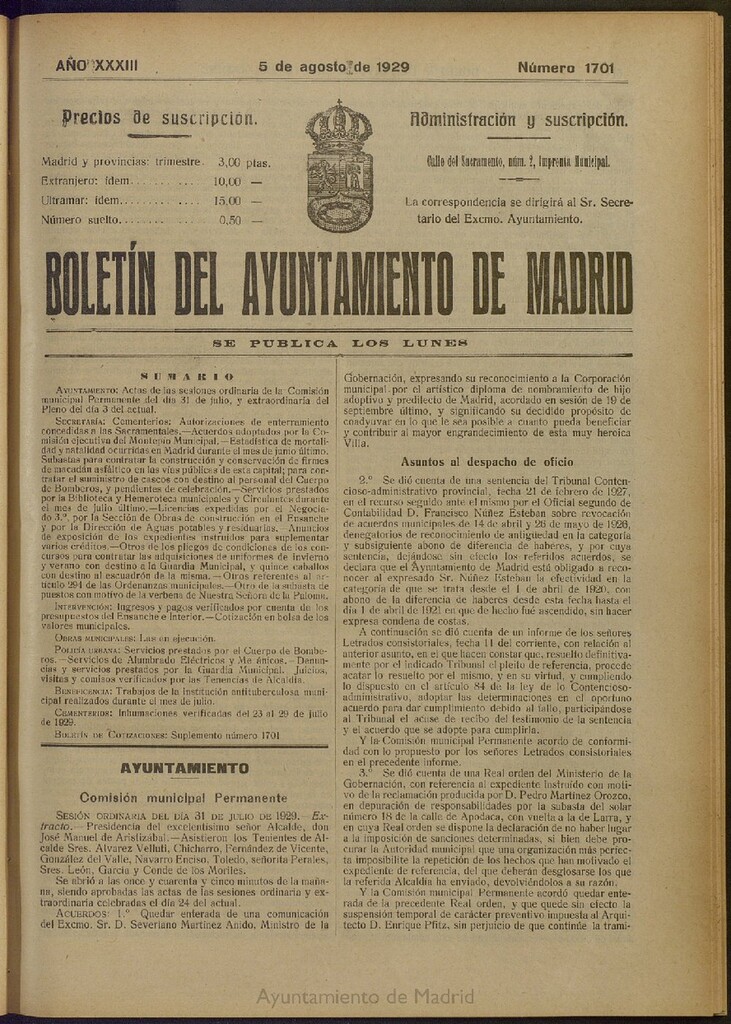 Miniatura de Boletín Oficial del Ayuntamiento de Madrid del 5 de agosto de 1929, nº 1701