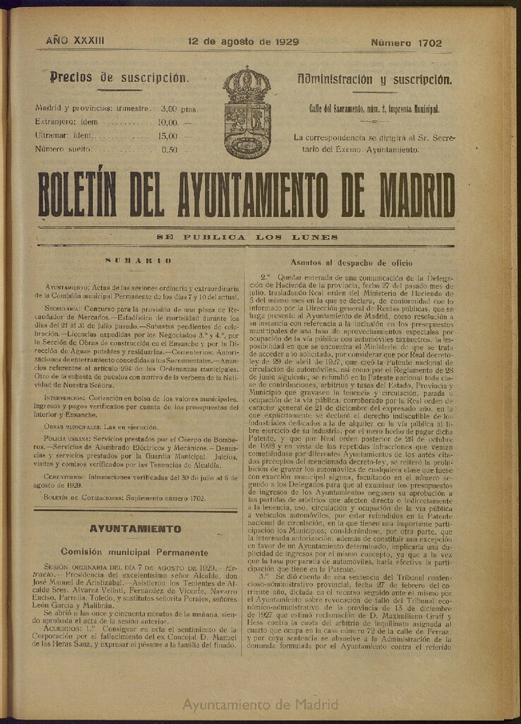 Miniatura de Boletín Oficial del Ayuntamiento de Madrid del 12 de agosto de 1929, nº 1702