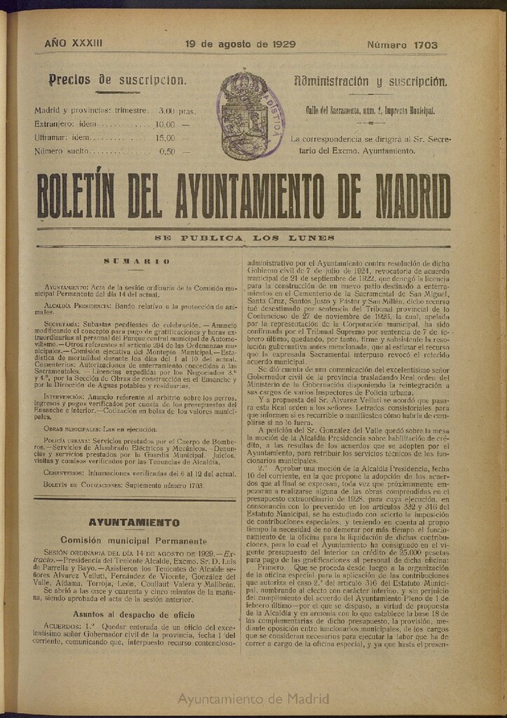 Miniatura de Boletín Oficial del Ayuntamiento de Madrid del 19 de agosto de 1929, nº 1703