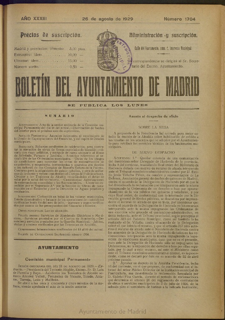 Miniatura de Boletín Oficial del Ayuntamiento de Madrid del 26 de agosto de 1929, nº 1704