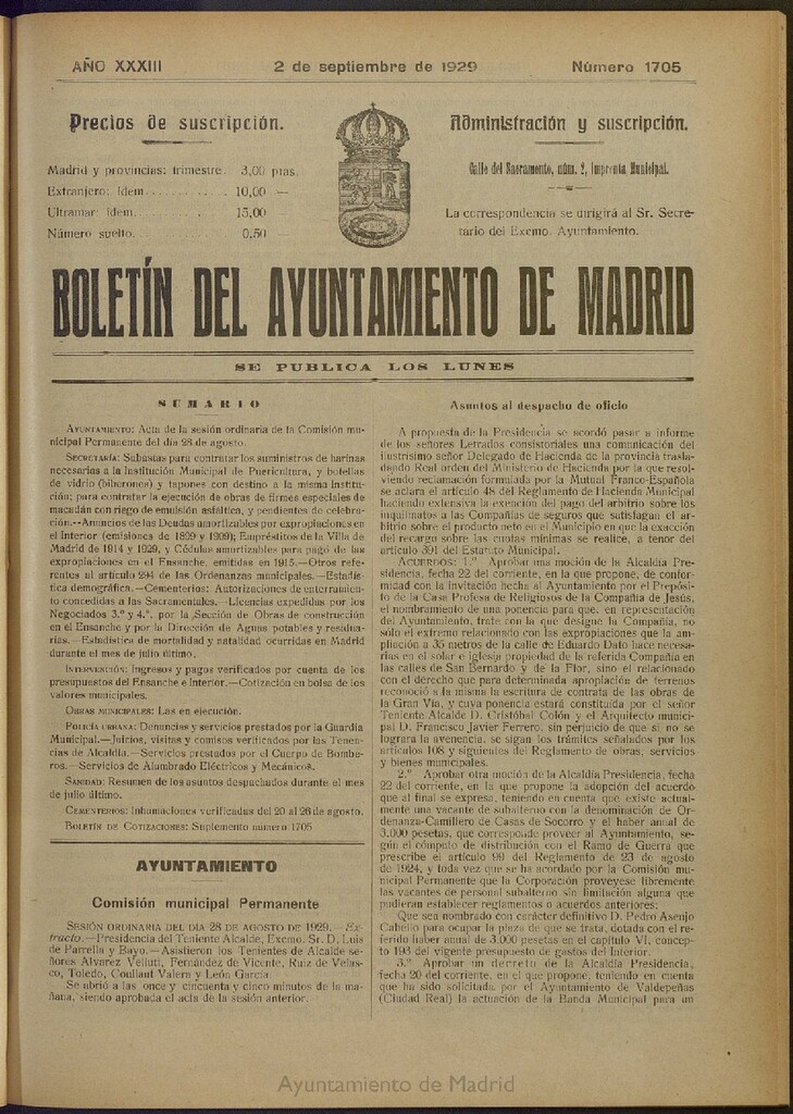 Miniatura de Boletín Oficial del Ayuntamiento de Madrid del 2 de septiembre de 1929, nº 1705