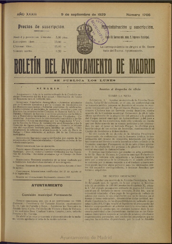 Miniatura de Boletín Oficial del Ayuntamiento de Madrid del 9 de septiembre de 1929, nº 1706