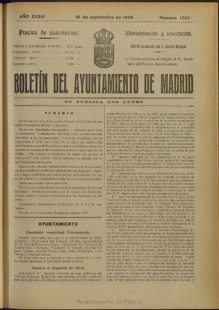Miniatura de Boletín Oficial del Ayuntamiento de Madrid del 16 de septiembre de 1929, nº 1707