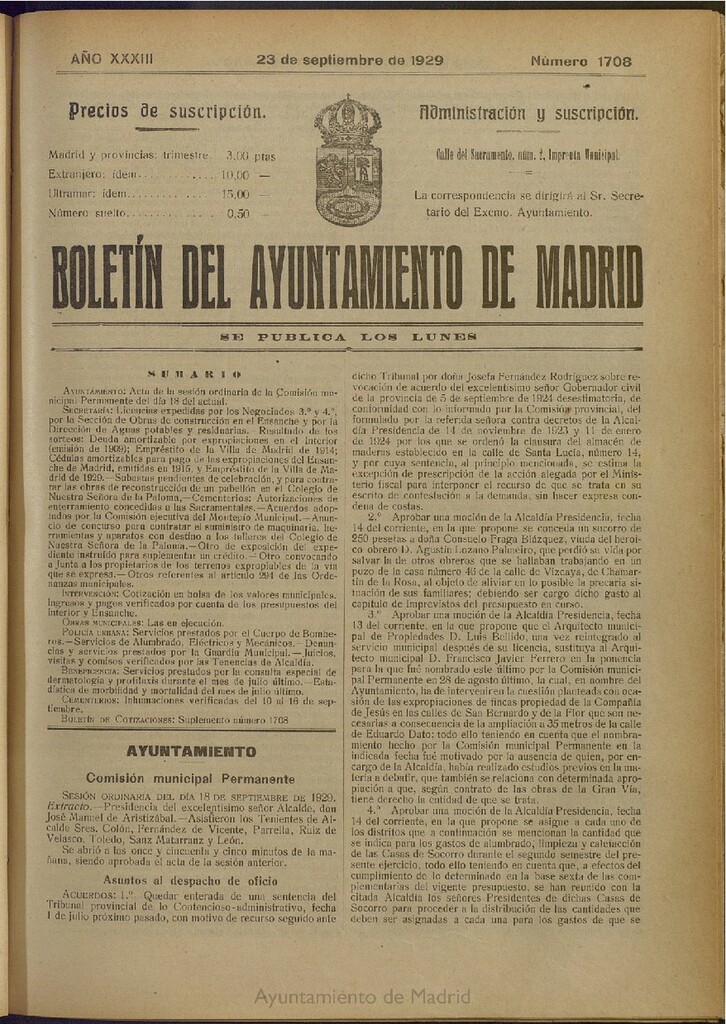 Miniatura de Boletín Oficial del Ayuntamiento de Madrid del 23 de septiembre de 1929, nº 1708