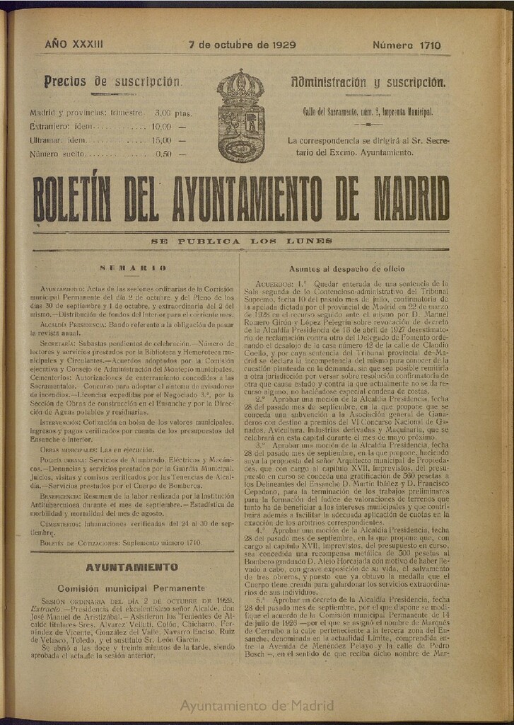 Miniatura de Boletín Oficial del Ayuntamiento de Madrid del 7 de octubre de 1929, nº 1710