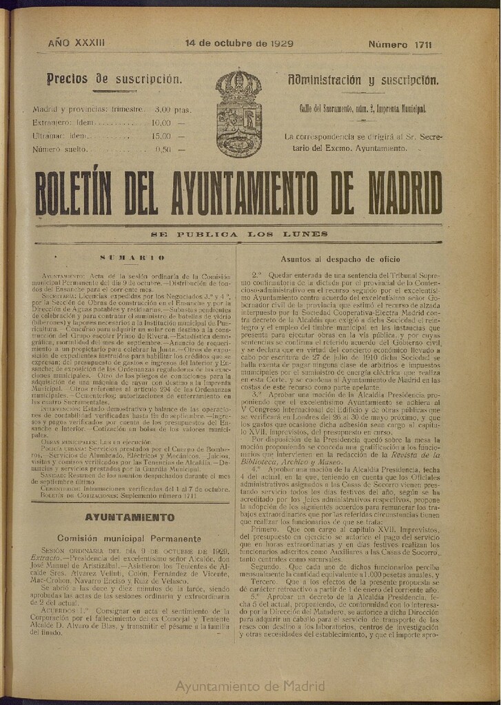 Miniatura de Boletín Oficial del Ayuntamiento de Madrid del 14 de octubre de 1929, nº 1711