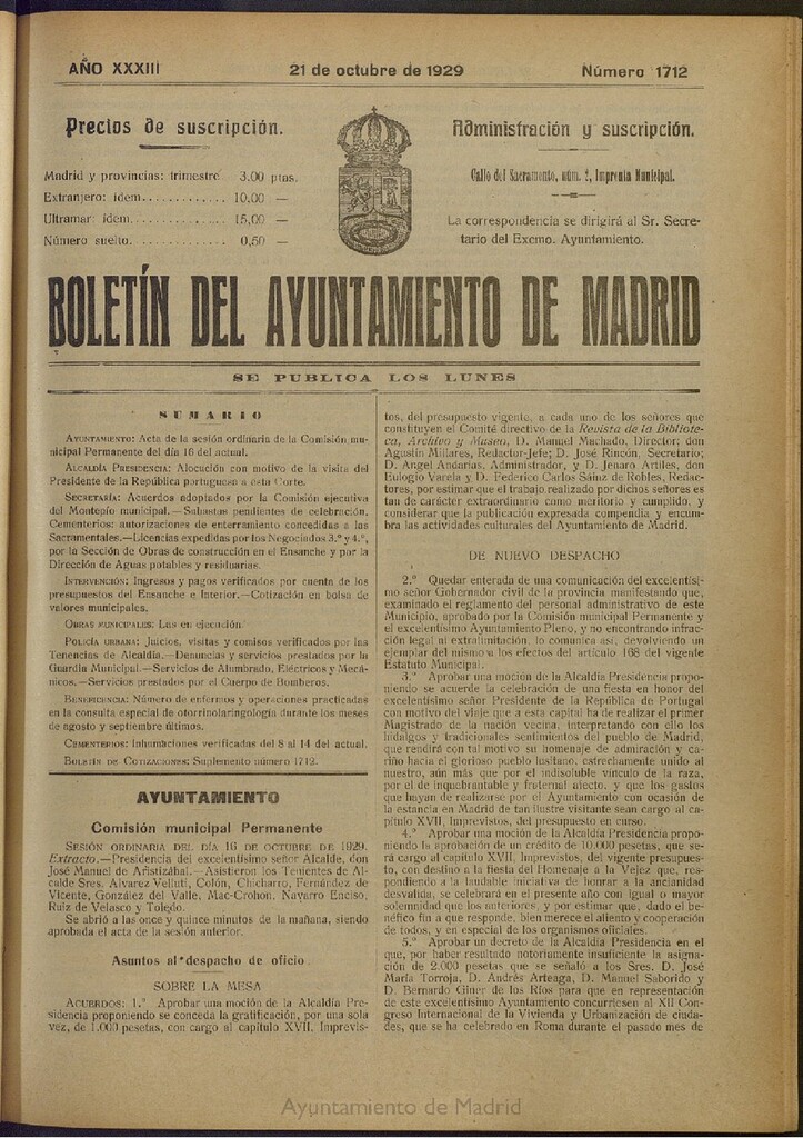 Miniatura de Boletín Oficial del Ayuntamiento de Madrid del 21 de octubre de 1929, nº 1712
