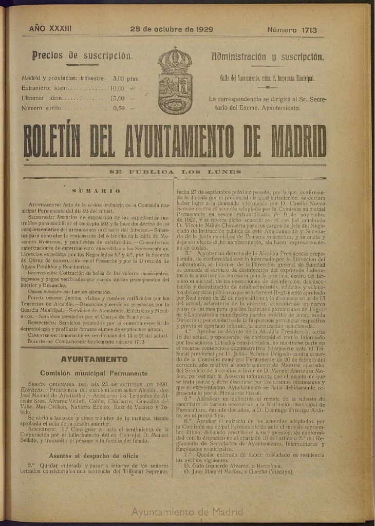 Miniatura de Boletín Oficial del Ayuntamiento de Madrid del 28 de octubre de 1929, nº 1713