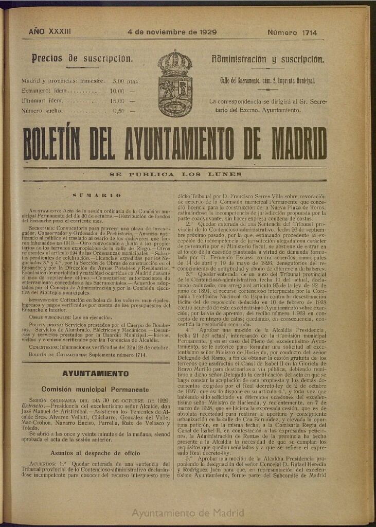 Miniatura de Boletín Oficial del Ayuntamiento de Madrid del 4 de noviembre de 1929, nº 1714