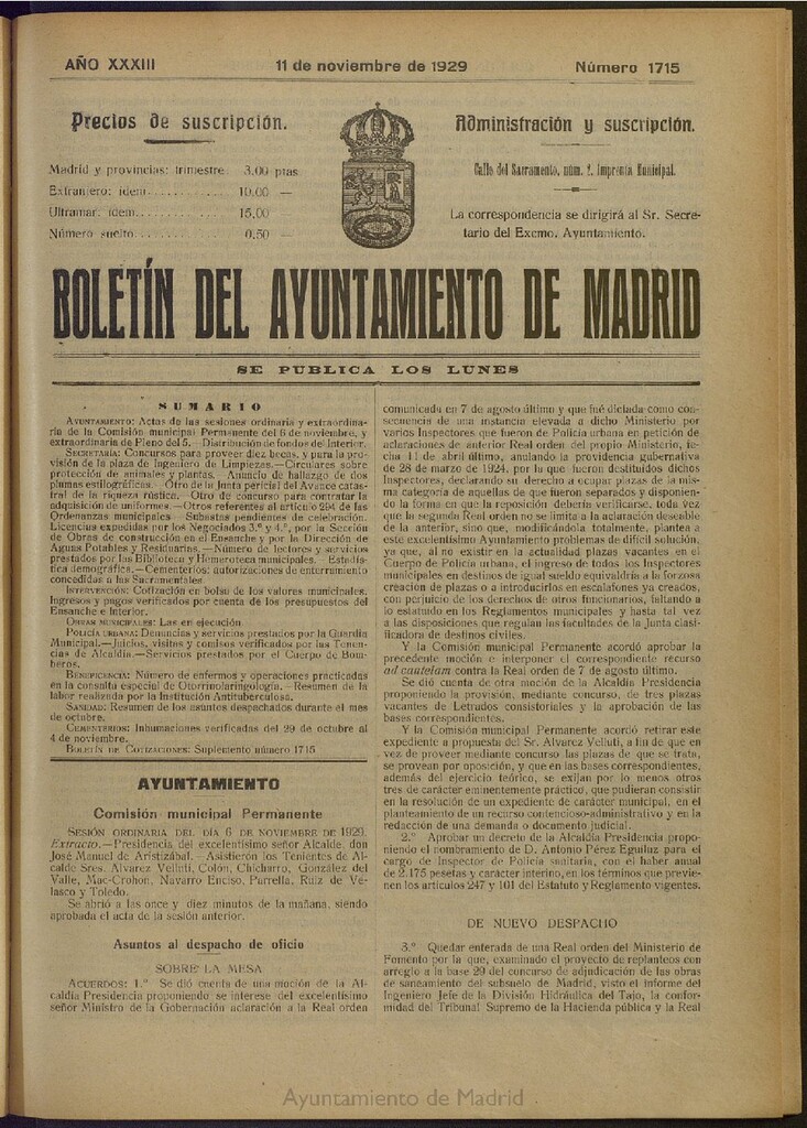 Miniatura de Boletín Oficial del Ayuntamiento de Madrid del 11 de noviembre de 1929, nº 1715