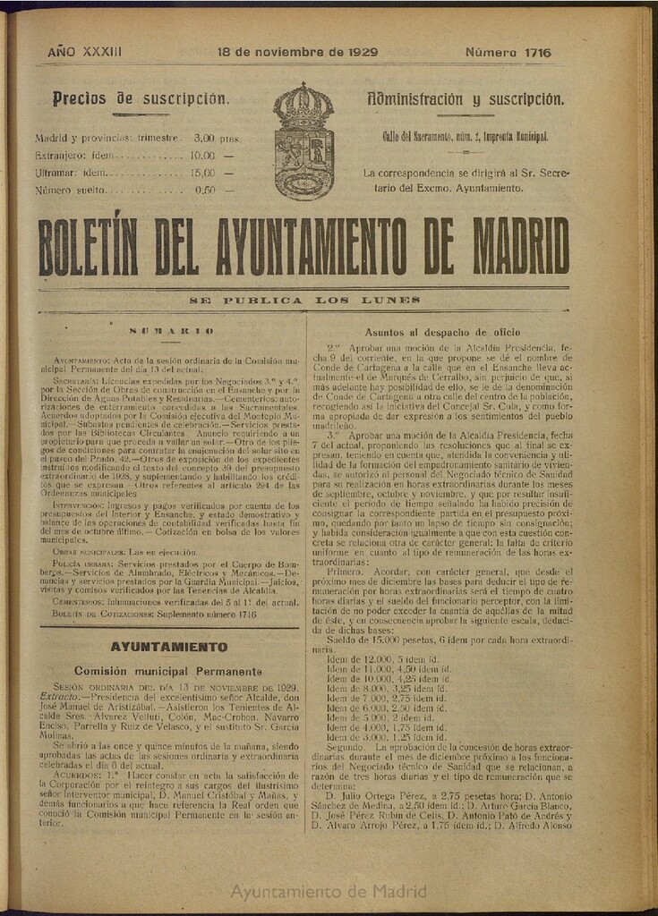 Miniatura de Boletín Oficial del Ayuntamiento de Madrid del 18 de noviembre de 1929, nº 1716