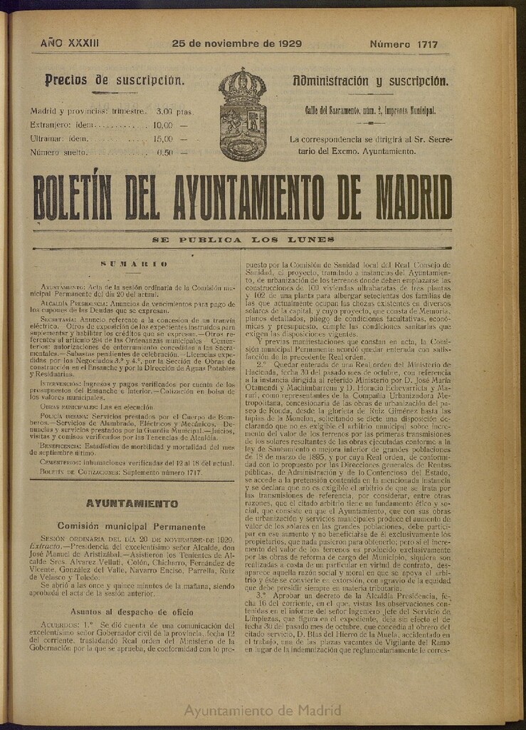 Miniatura de Boletín Oficial del Ayuntamiento de Madrid del 25 de noviembre de 1929, nº 1717