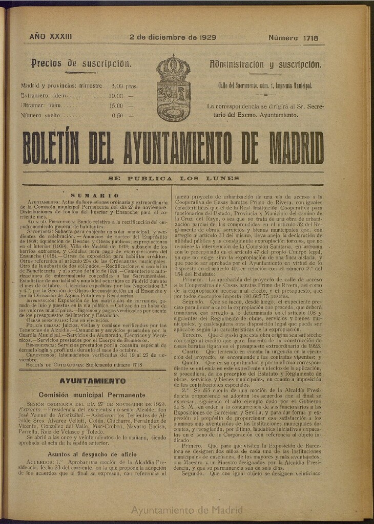 Miniatura de Boletín Oficial del Ayuntamiento de Madrid del 2 de diciembre de 1929, nº 1718
