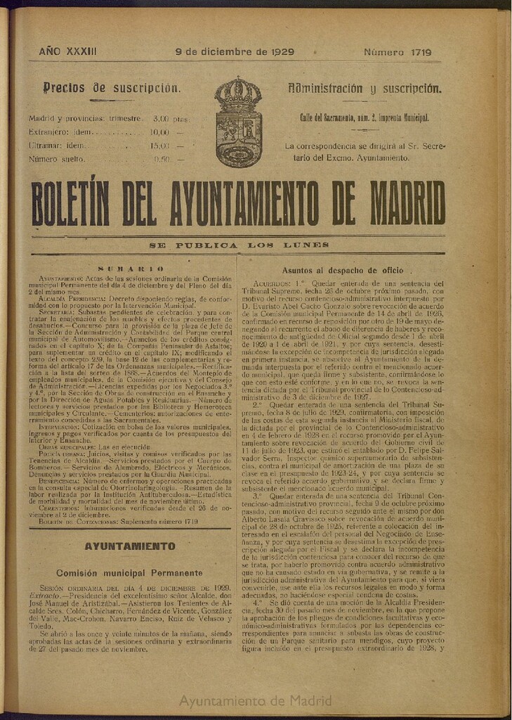 Miniatura de Boletín Oficial del Ayuntamiento de Madrid del 9 de diciembre de 1929, nº 1719
