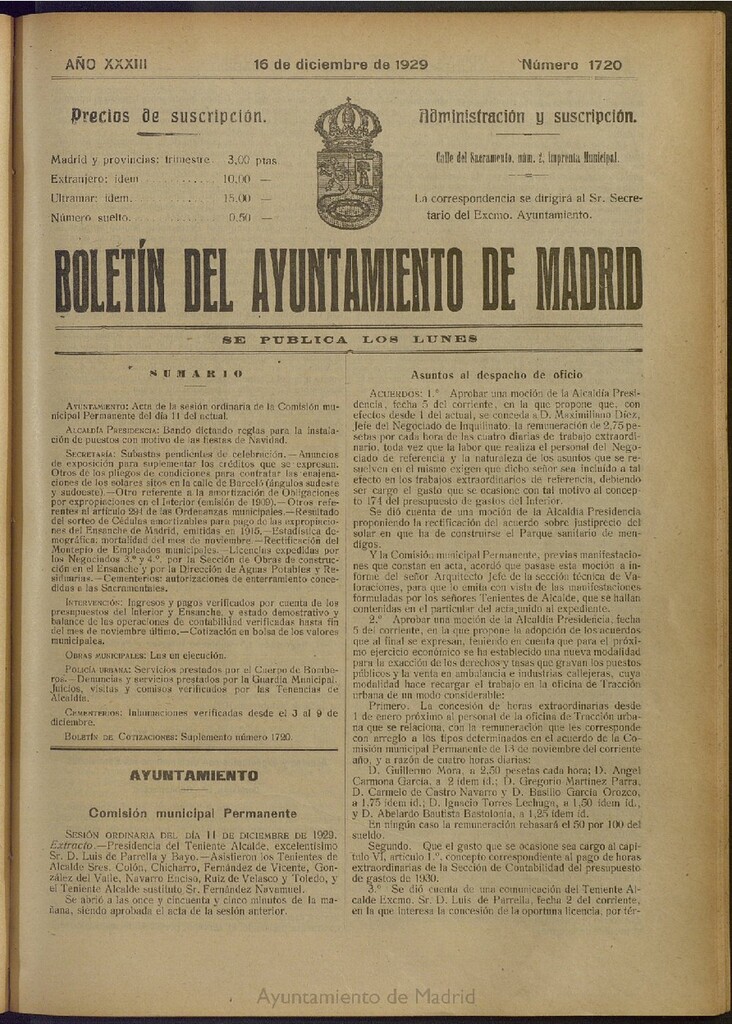 Miniatura de Boletín Oficial del Ayuntamiento de Madrid del 16 de diciembre de 1929, nº 1720