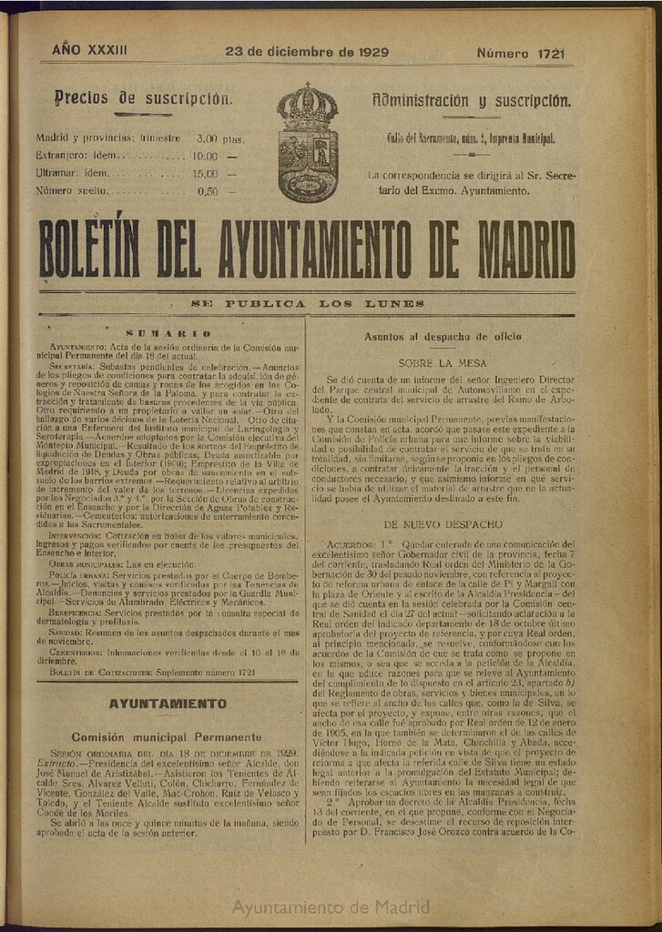 Miniatura de Boletín Oficial del Ayuntamiento de Madrid del 23 de diciembre de 1929, nº 1721
