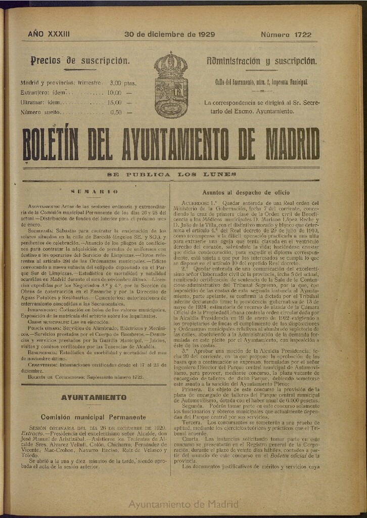 Miniatura de Boletín Oficial del Ayuntamiento de Madrid del 30 de diciembre de 1929, nº 1722