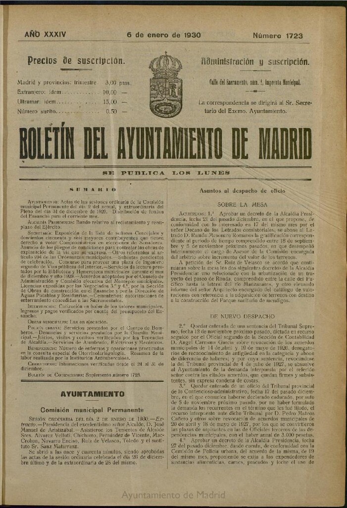 Miniatura de Boletín Oficial del Ayuntamiento de Madrid del 6 de enero de 1930, nº 1723