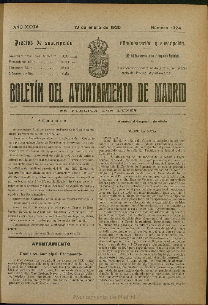 Miniatura de Boletín Oficial del Ayuntamiento de Madrid del 13 de enero de 1930, nº 1724