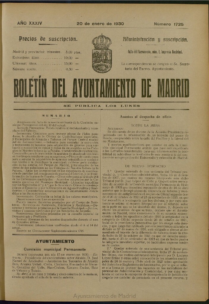 Miniatura de Boletín Oficial del Ayuntamiento de Madrid del 20 de enero de 1930, nº 1725