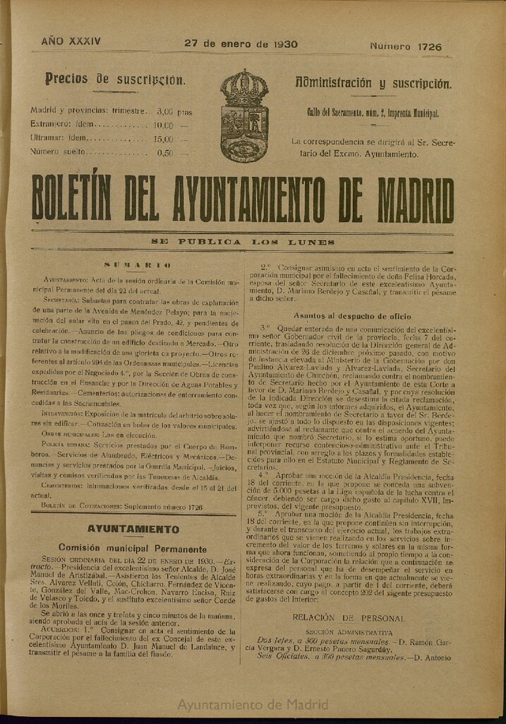 Miniatura de Boletín Oficial del Ayuntamiento de Madrid del 27 de enero de 1930, nº 1726