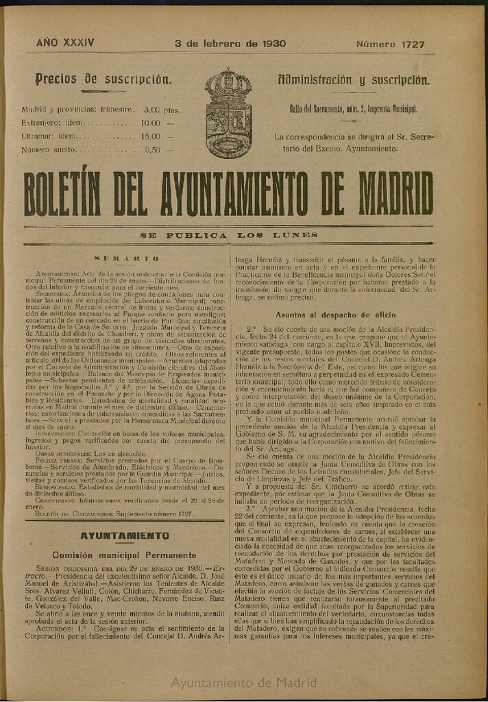 Miniatura de Boletín Oficial del Ayuntamiento de Madrid del 3 de febrero de 1930, nº 1727
