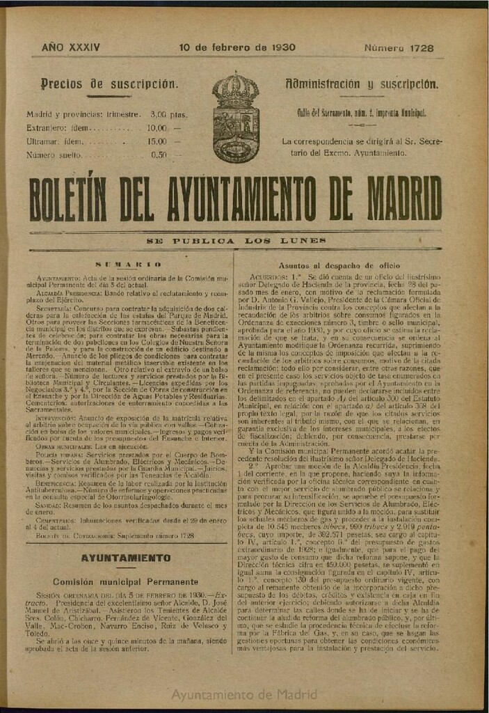 Miniatura de Boletín Oficial del Ayuntamiento de Madrid del 10 de febrero de 1930, nº 1728