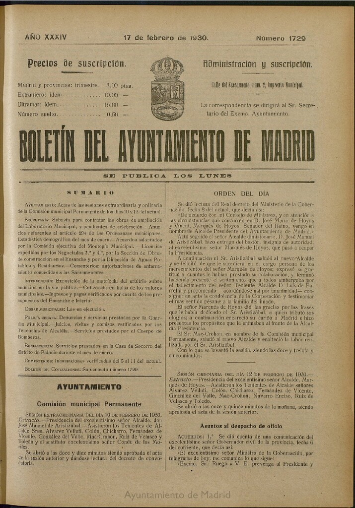 Miniatura de Boletín Oficial del Ayuntamiento de Madrid del 17 de febrero de 1930, nº 1729