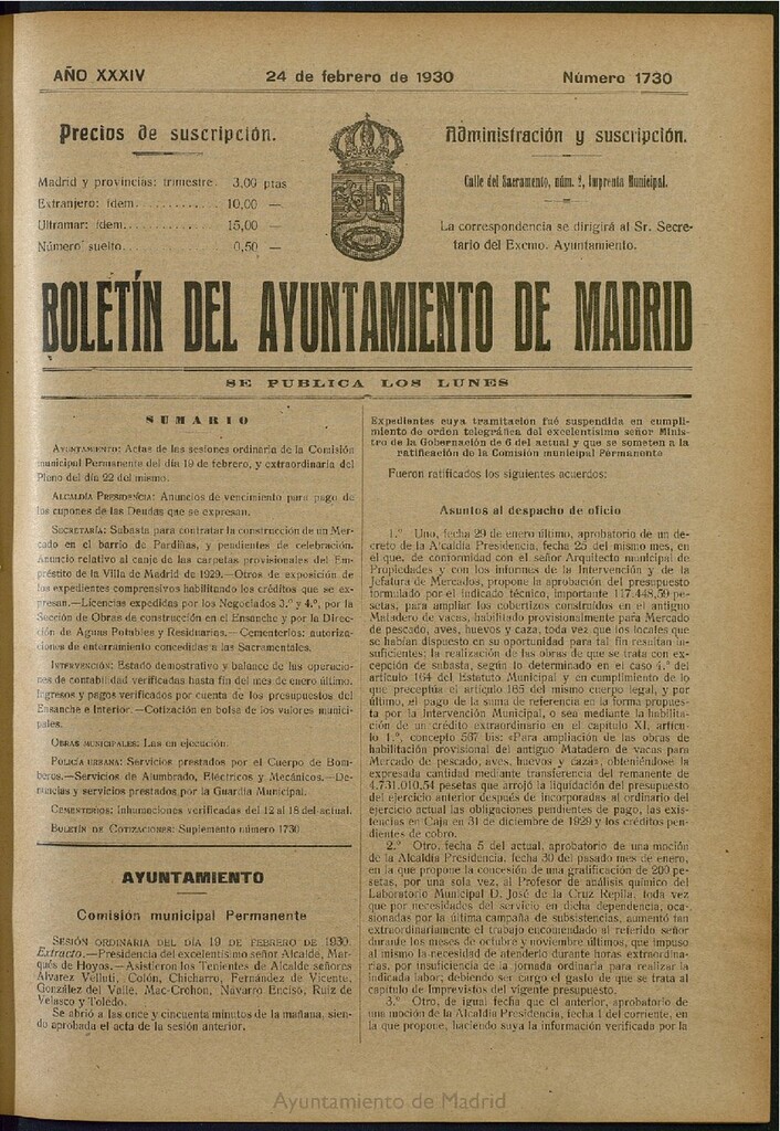 Miniatura de Boletín Oficial del Ayuntamiento de Madrid del 24 de febrero de 1930, nº 1730