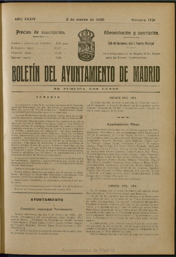 Miniatura de Boletín Oficial del Ayuntamiento de Madrid del 3 de marzo de 1930, nº 1731