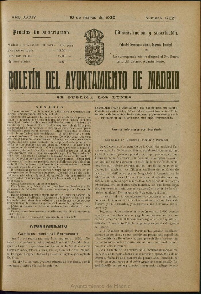 Miniatura de Boletín Oficial del Ayuntamiento de Madrid del 10 de marzo de 1930, nº 1732