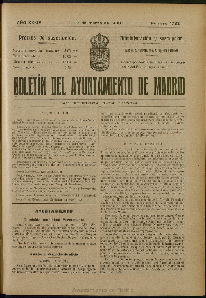 Miniatura de Boletín Oficial del Ayuntamiento de Madrid del 17 de marzo de 1930, nº 1733