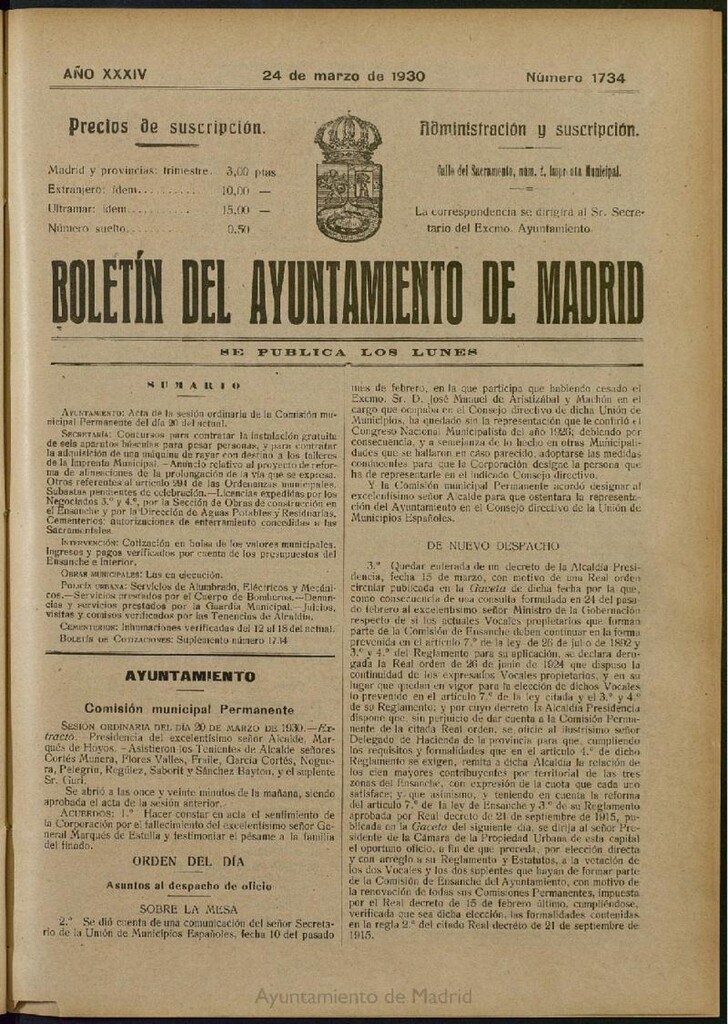 Miniatura de Boletín Oficial del Ayuntamiento de Madrid del 24 de marzo de 1930, nº 1734