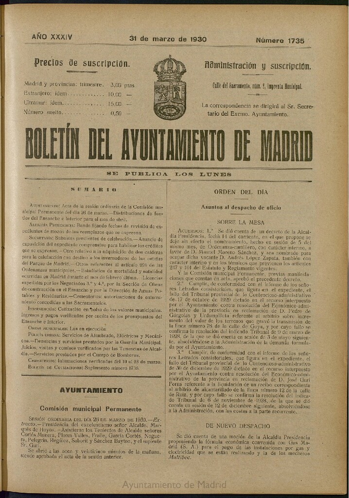 Miniatura de Boletín Oficial del Ayuntamiento de Madrid del 31 de marzo de 1930, nº 1735