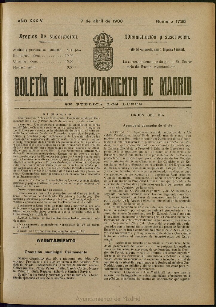 Miniatura de Boletín Oficial del Ayuntamiento de Madrid del 7 de abril de 1930, nº 1736