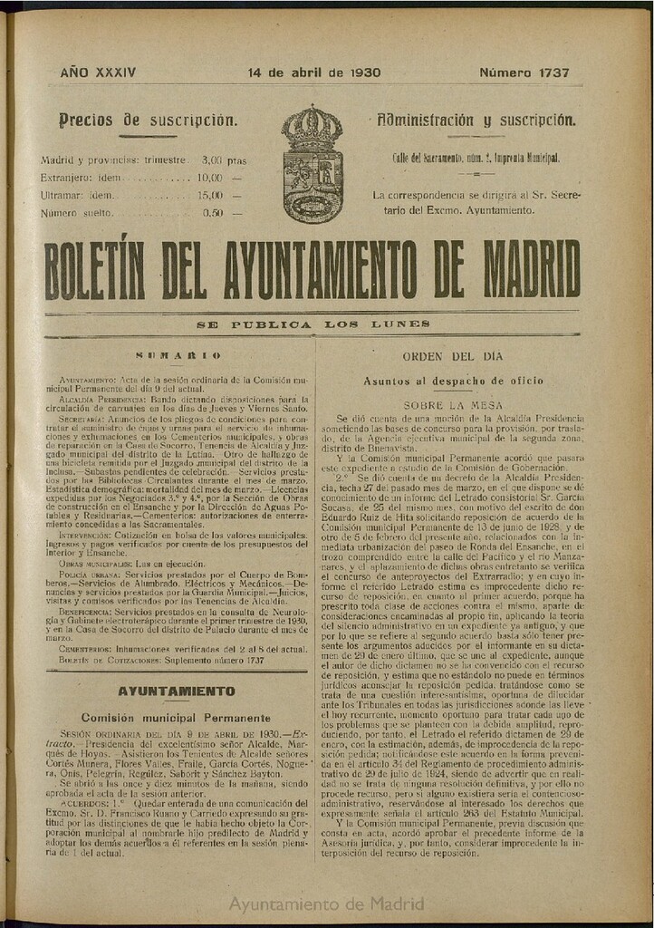 Miniatura de Boletín Oficial del Ayuntamiento de Madrid del 14 de abril de 1930, nº 1737