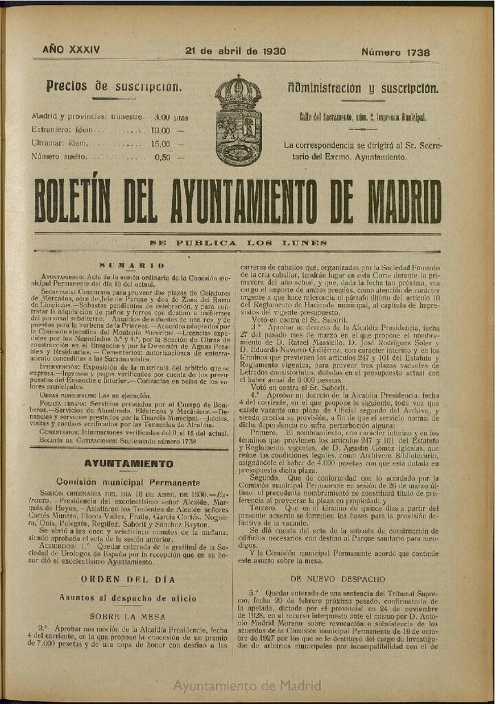 Miniatura de Boletín Oficial del Ayuntamiento de Madrid del 21 de abril de 1930, nº 1738