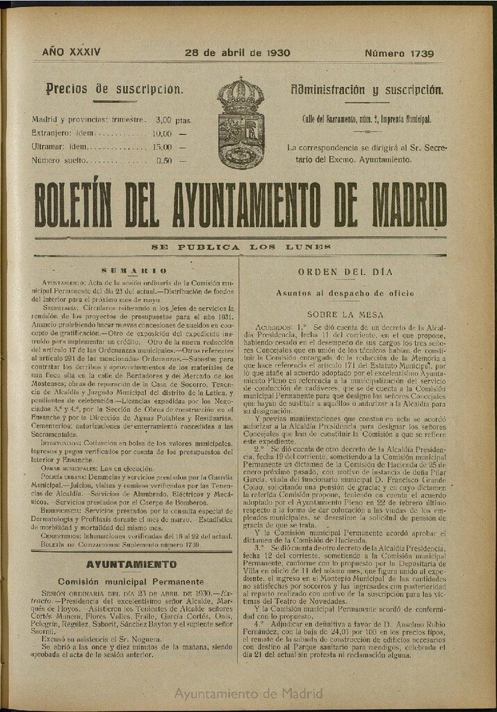 Miniatura de Boletín Oficial del Ayuntamiento de Madrid del 28 de abril de 1930, nº 1739